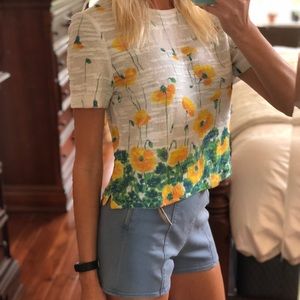 Vintage St John XS white floral linen blend top